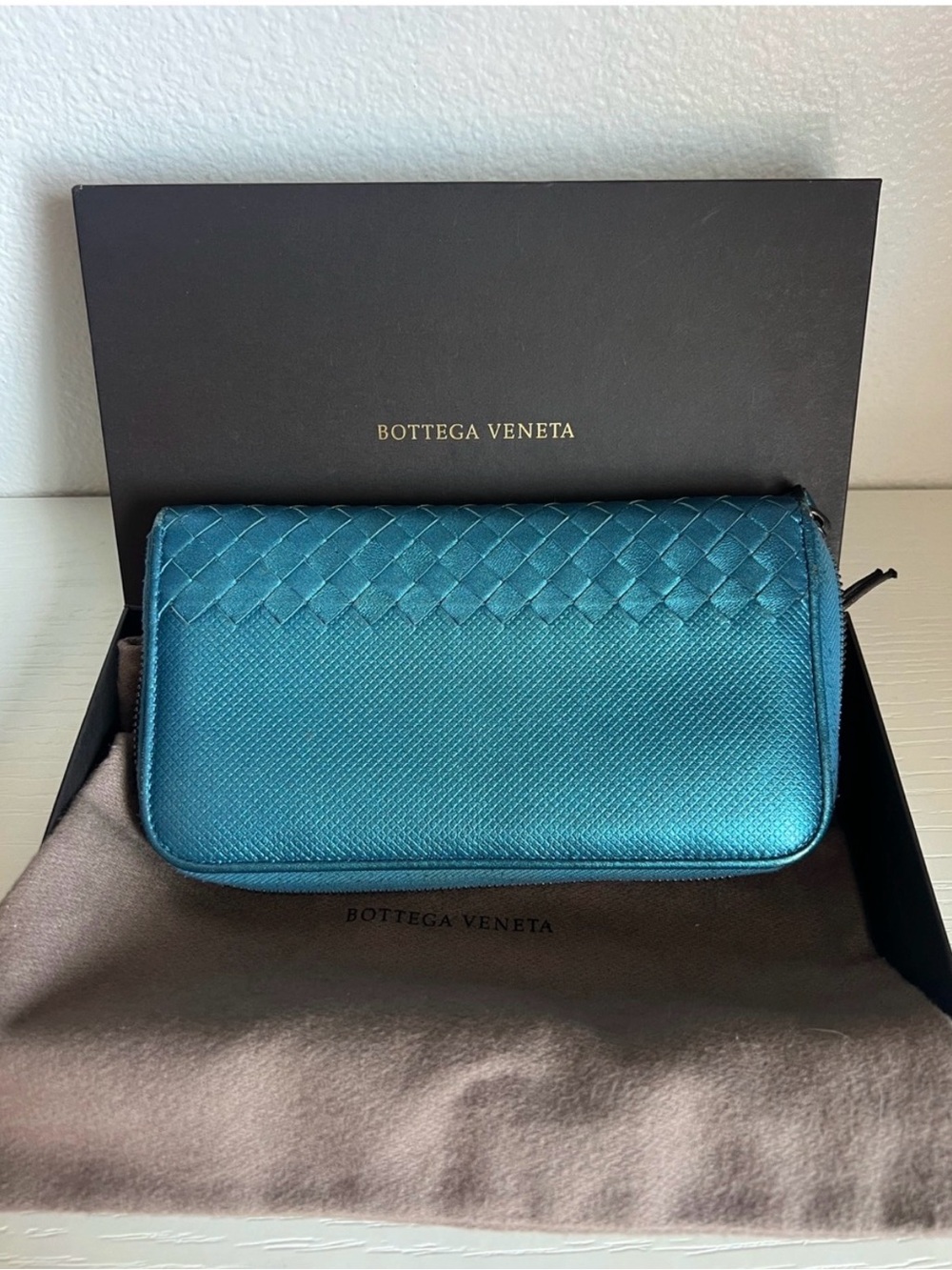 Bottega Veneta Teal Intrecciato Zip Wallet
